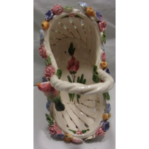 VTG Capodimonte Porcelain Bird Basket Flowers w/ Handle Spring / Easter 5 1/2" - Picture 5 of 10